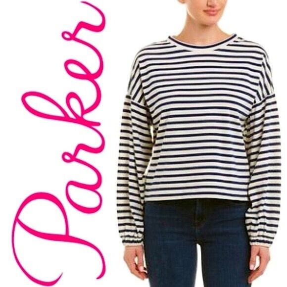 Parker Oversized Striped Top L Boxy Drop Shoulder Balloon Sleeve Nautical Sailor - Picture 1 of 11